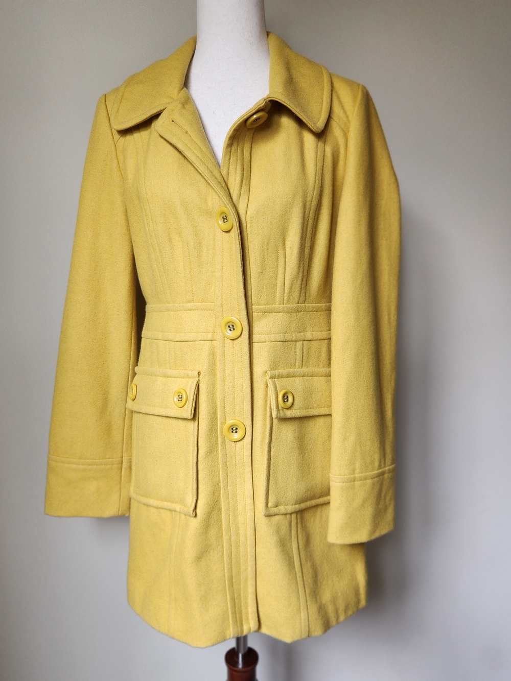 Tulle Wool Blend Button Front Mid-Length Peacoat Jacket Mustard Yellow Medium